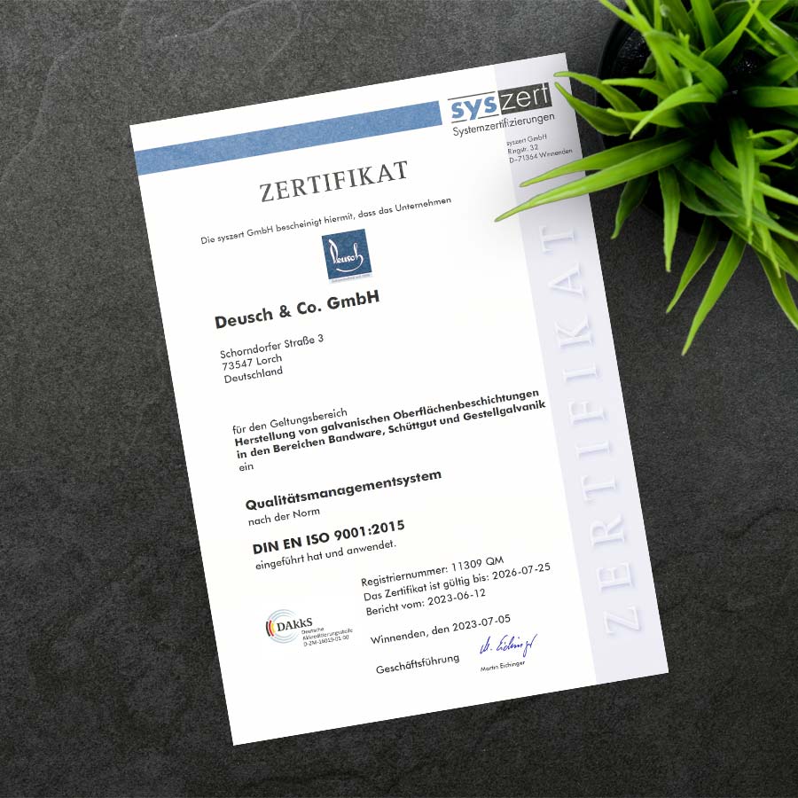 Zertifikat der Deusch & Co. GmbH für das Qualitätsmanagementsystem nach DIN EN ISO 9001:2015